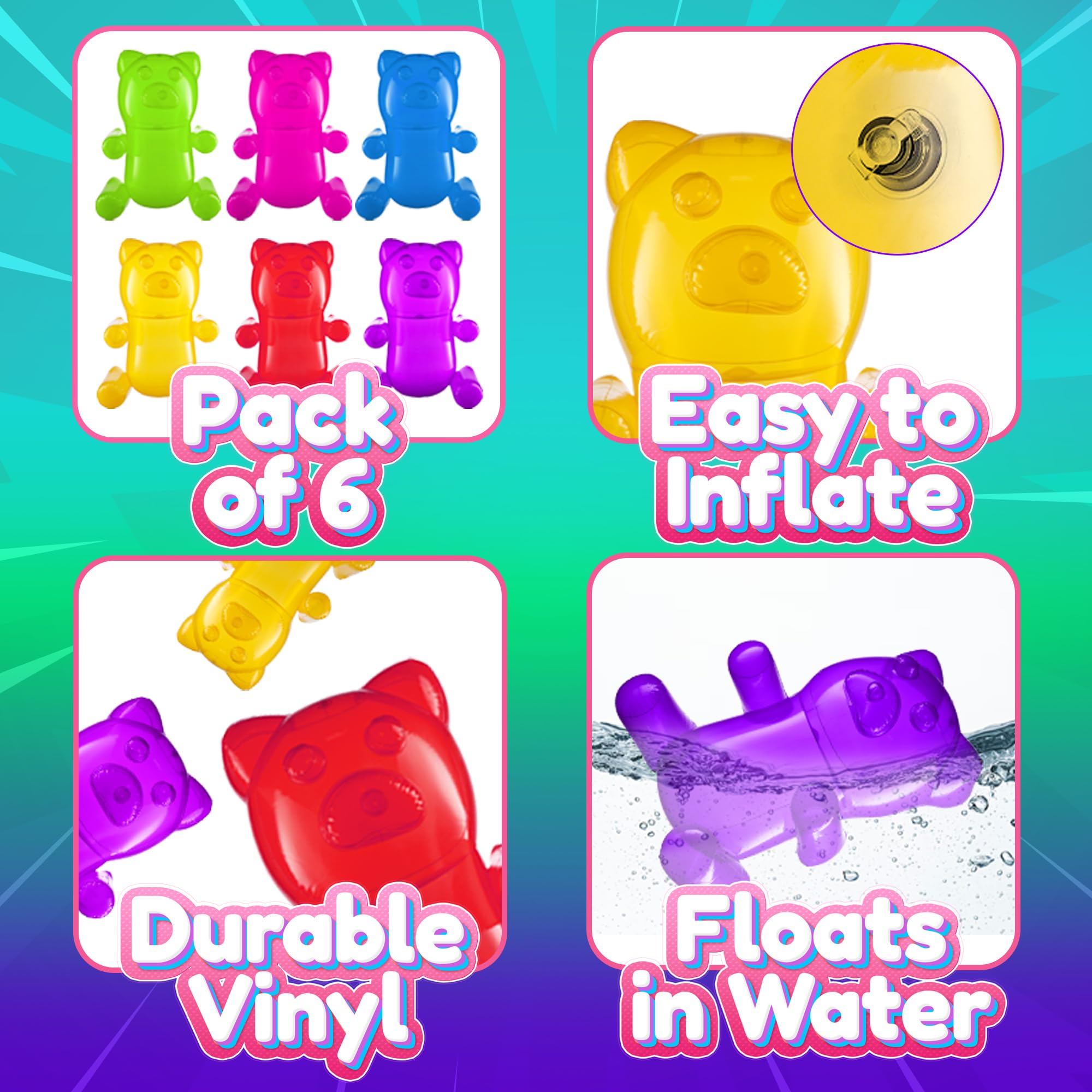 24" Inflatable Gummy Bears (Pack of 6) Huge Blow Up Pool Toys, Fun Photo Booth Props and Big Gummy Bear Decorations for Kids Birthday Parties and Themed Candy Land Party Decor Supplies